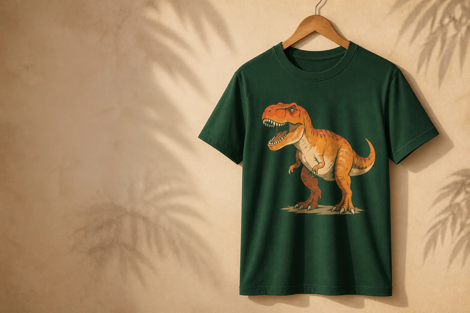 Donkergroen T-shirt met een oranje dinosaurusontwerp