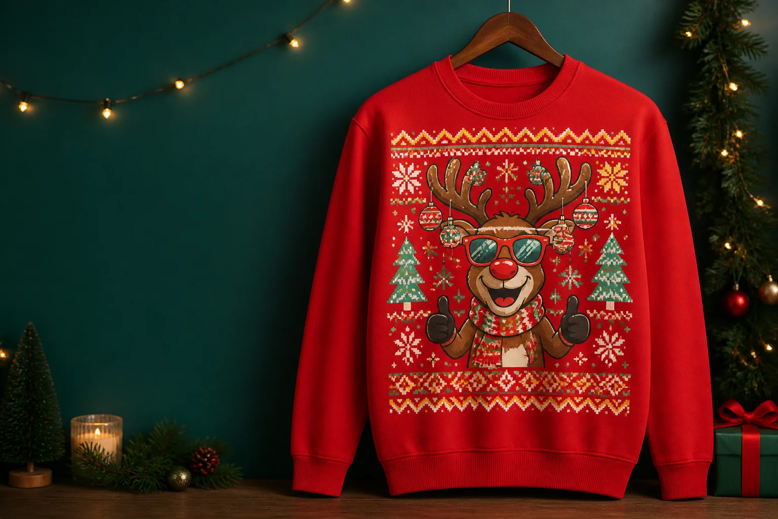 Rode sweater met een origineel fout kerstontwerp van een vrolijk rendier