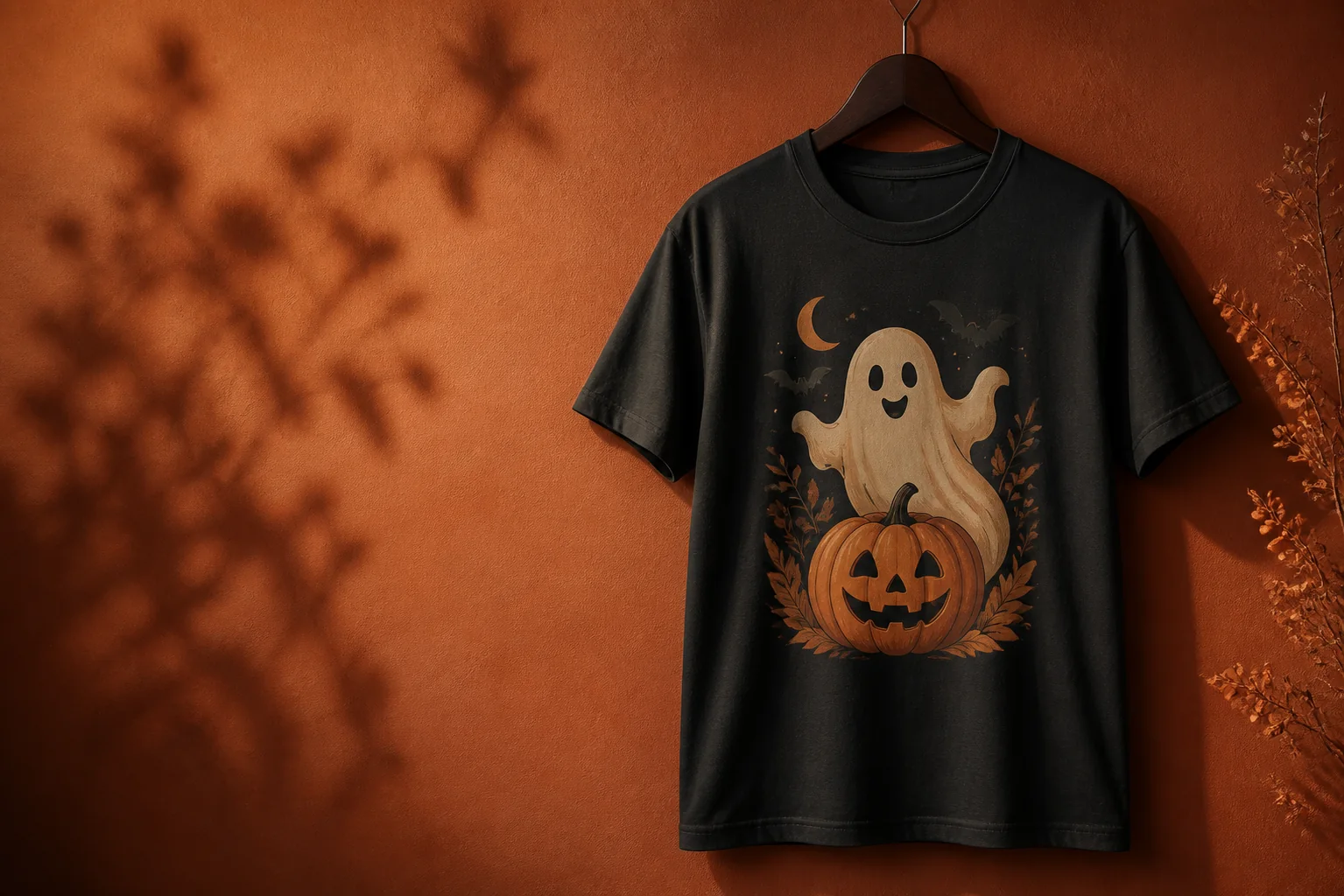 Zwart T-shirt met een origineel Halloween-ontwerp van een spook en pompoen