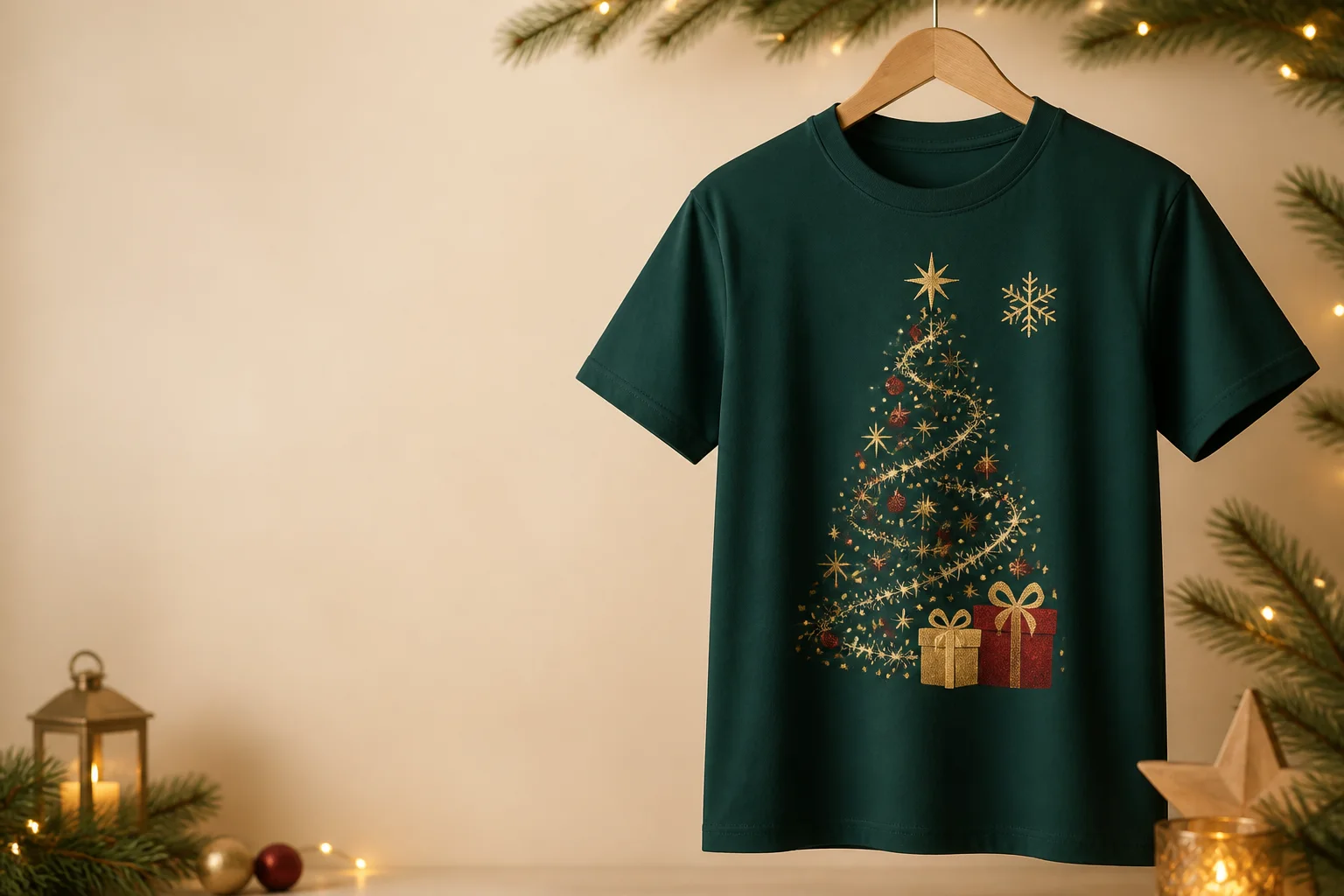 Donkergroen T-shirt met een origineel kerstboomontwerp en cadeaus