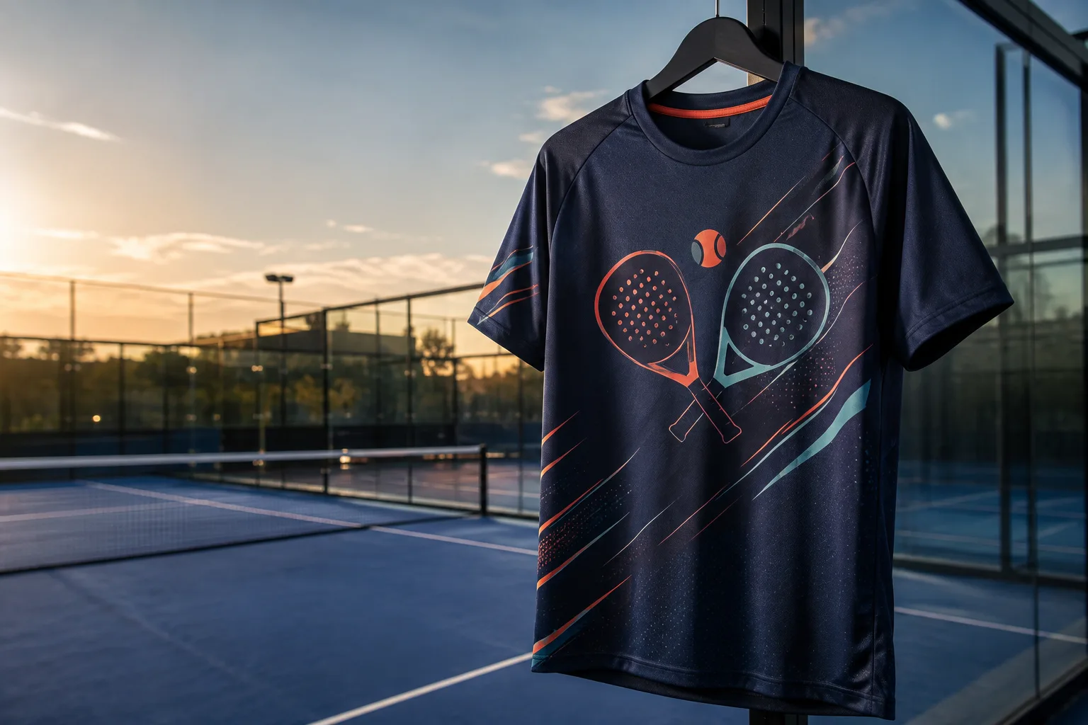 Donkerblauw sportshirt met origineel padelontwerp bij een padelbaan