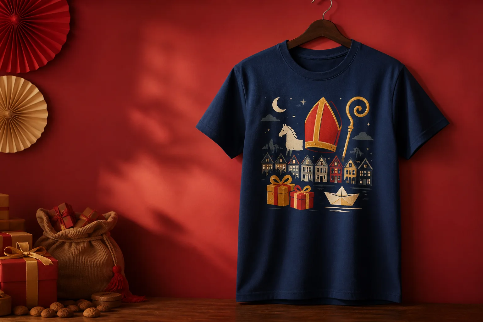 Donkerblauw T-shirt met een origineel Sinterklaasontwerp van een mijter, paard en cadeaus