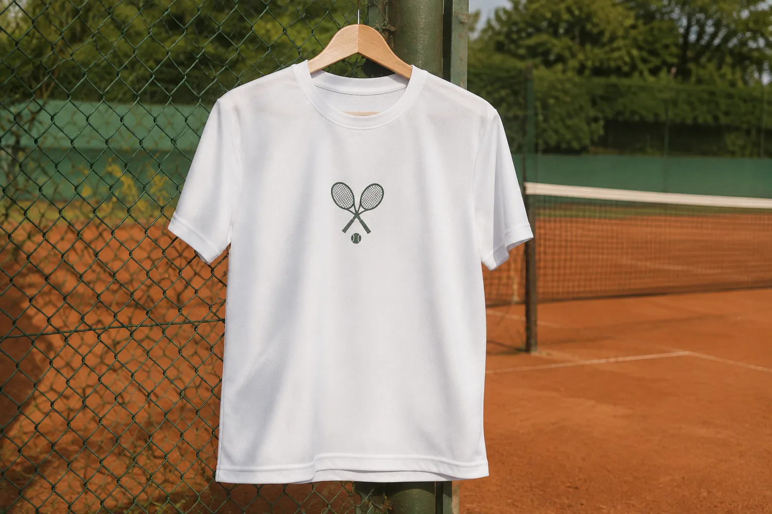 Wit sportshirt met origineel tennisontwerp bij een tennisbaan